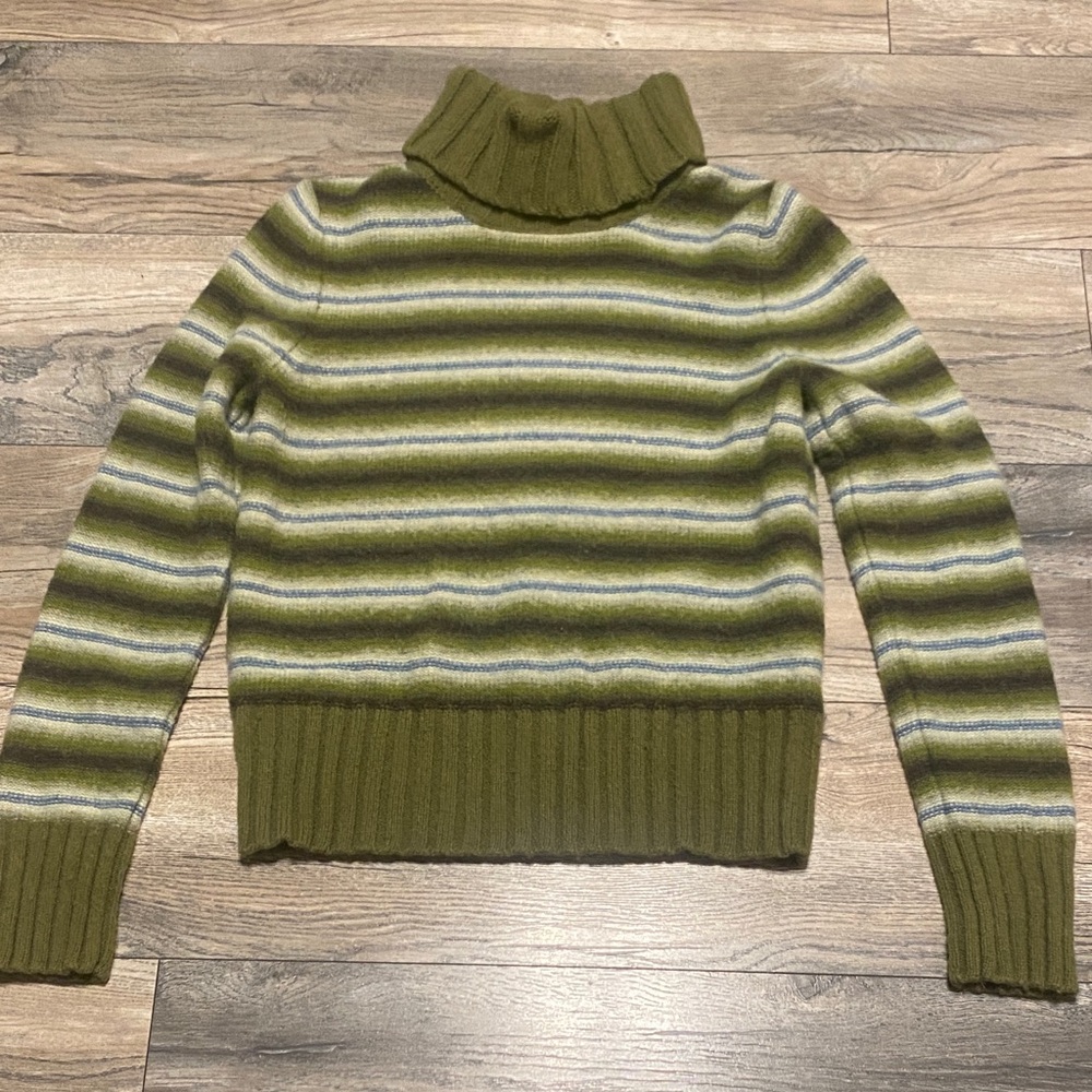 J. Crew Olive and Gray Striped Turtleneck Sweater 100%Wool